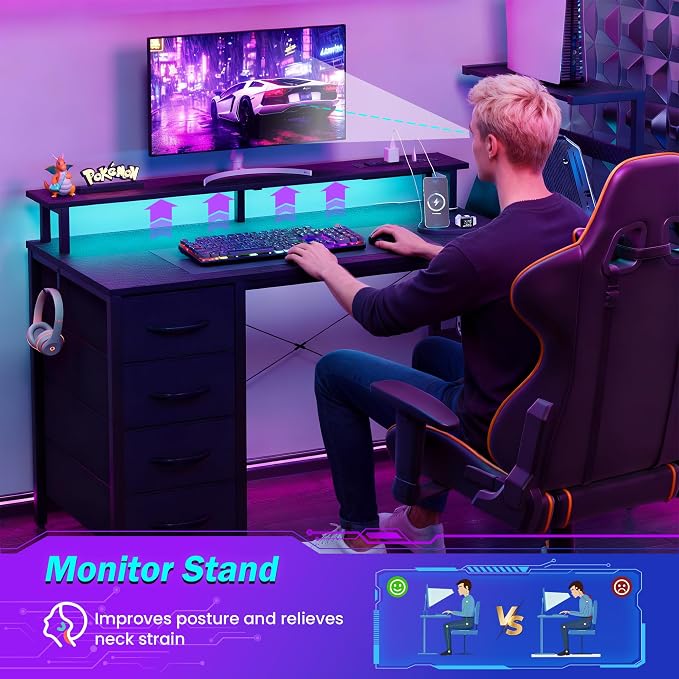 51 Inch Gaming Desk with Drawers & PC Tower Stand & LED Lights, Black | Reversible, Monitor Shelf, Power Outlets, Carbon Fiber, Mesa Gamer, Computer Desk with Storage, Gaming Table for Home Office - Image 7