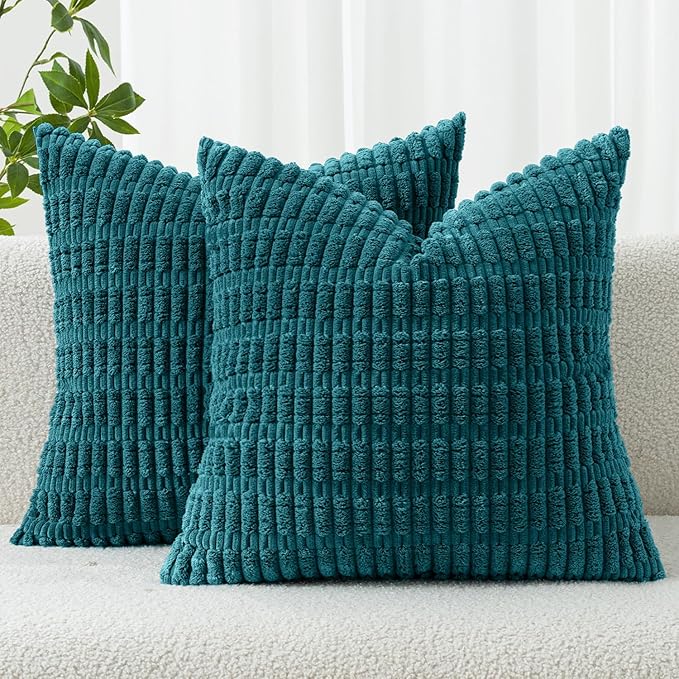 MIULEE Pack of 2 Corduroy Decorative Throw Pillow Covers 18x18 Inch Soft Boho Striped Pillow Covers Modern Farmhouse Home Decor for Summer Coastal Sofa Living Room Couch Bed Teal by MIULEE