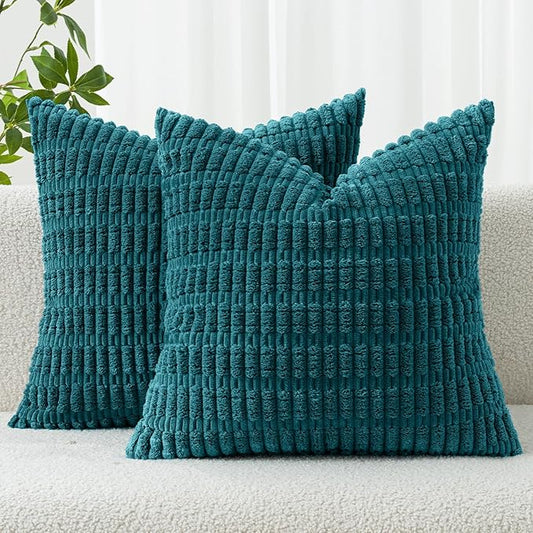 MIULEE Pack of 2 Corduroy Decorative Throw Pillow Covers 18x18 Inch Soft Boho Striped Pillow Covers Modern Farmhouse Home Decor for Summer Coastal Sofa Living Room Couch Bed Teal by MIULEE