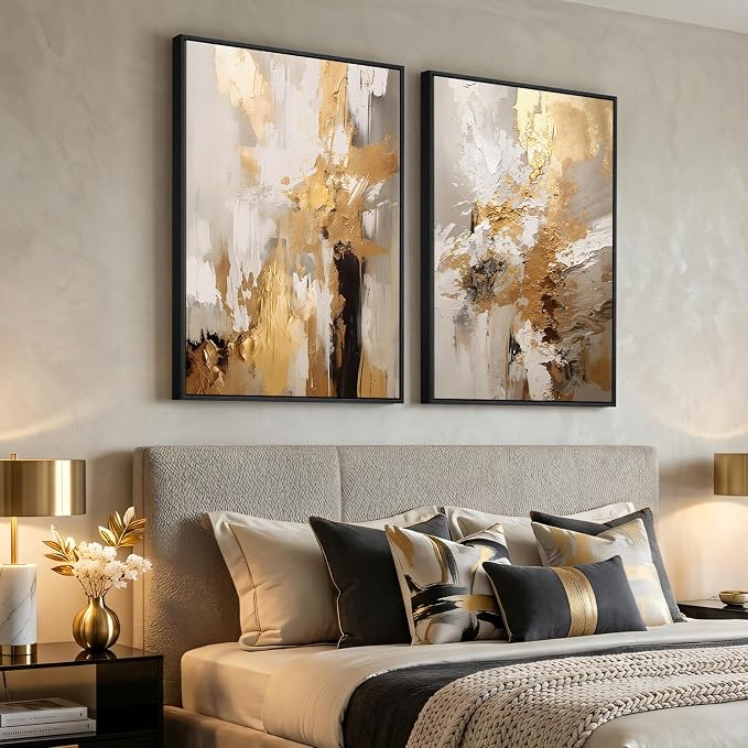 Large Framed Neutral Abstract Wall Art, 2 Piece Modern Canvas Prints Paintings, Beige Gold Abstract Pictures for Living Room Hallway Dining Room Bedroom Office Wall Decor 24x36 In - Image 4