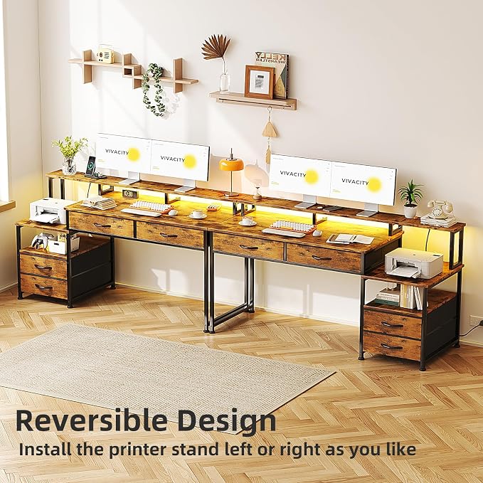 53" Computer Desk with 4 Drawers & Power Outlets, Reversible Home Office Desk with Monitor Stand & Printer Stand, Gaming Desks with Led Lights, Study Writing Work Desks Table for Bedroom, Vintage - Image 7