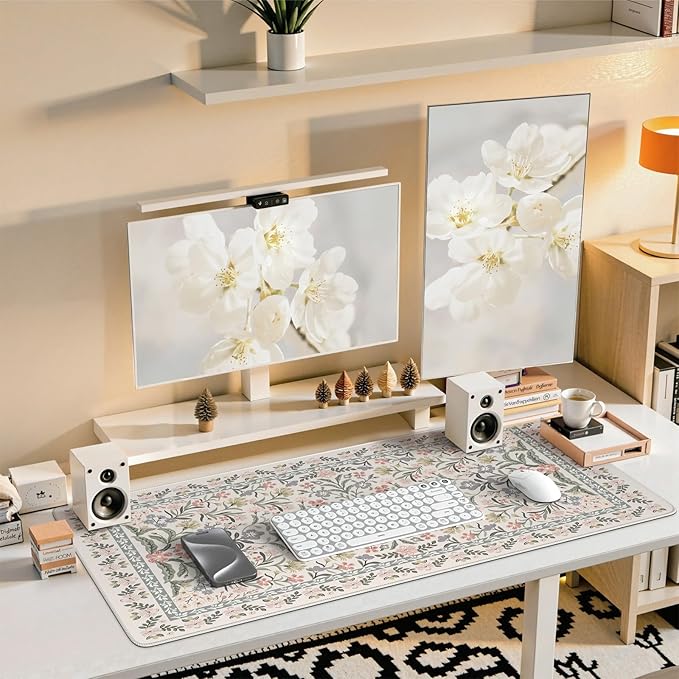 iCasso Desk Mat for Women Desk Accessories, 35.4x15.7in,Cozy Gray Floral | Back to School XXL Large Mouse Pad, Anti-Slip Big Mousepad with Stitched Edges,Smooth Water-Resistant - Image 6