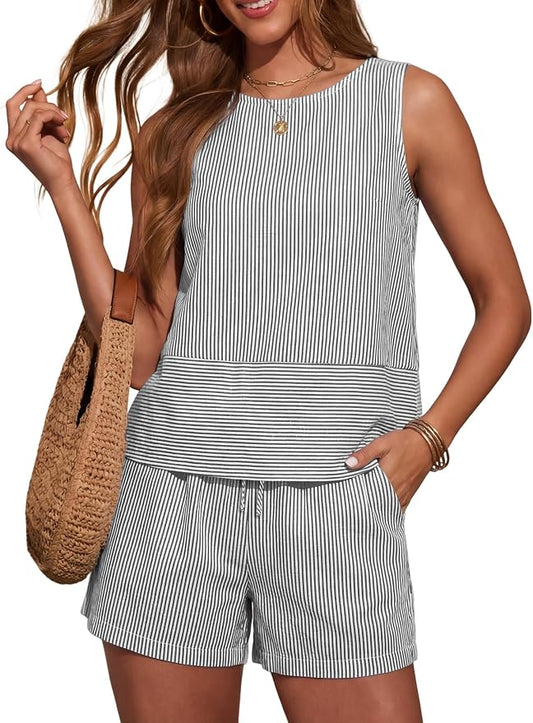 LOMON Women's Trendy 2 Piece Outfits Shorts Sets Summer Crew Neck Sleeveless Tank Top and Bottom Matching with Pockets 2026 by LOMON