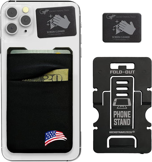 Gecko Travel Tech Double Pocket - Adhesive Card Holder - Cell Phone Pouch - Stick on Spandex Pocket - Carry Credit Cards and Cash (USA BRUSH) by GeckoTravelTech