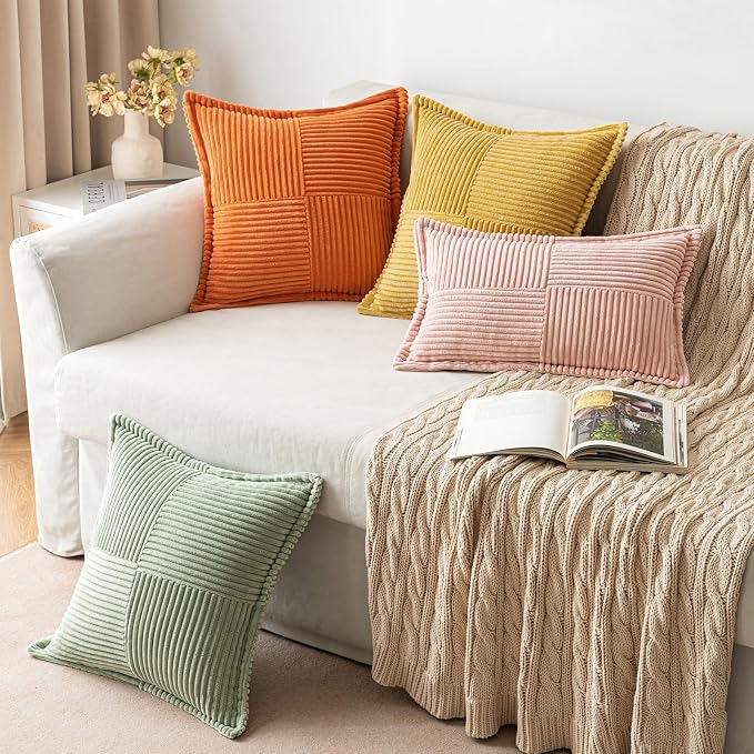 MIULEE Fall Orange Decorative Throw Pillow Covers for Couch Bed Livingroom 16x16 Inch Set of 2 Boho Accent Throw Pllows Broadside Striped Patchwork Soft Corduroy Pillowcases - Image 4