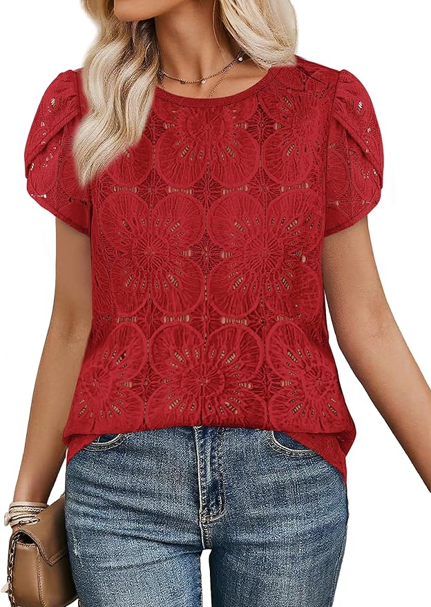 OFEEFAN Blouses for Women Dressy Casual Petal Short Sleeve Shirts Crochet Lace Boho Tops Spring Fashion Summer Outfits - Image 2