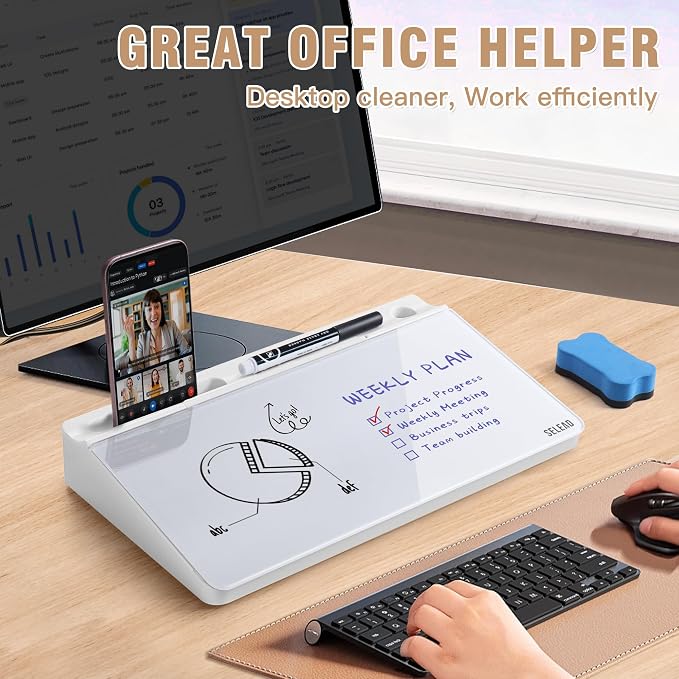 SELEAD Desktop Glass Whiteboard with Storage, Small Dry Erase White Board Computer Pad Keyboard Stand for Home, School, Office Desk Accessories - White - Image 2