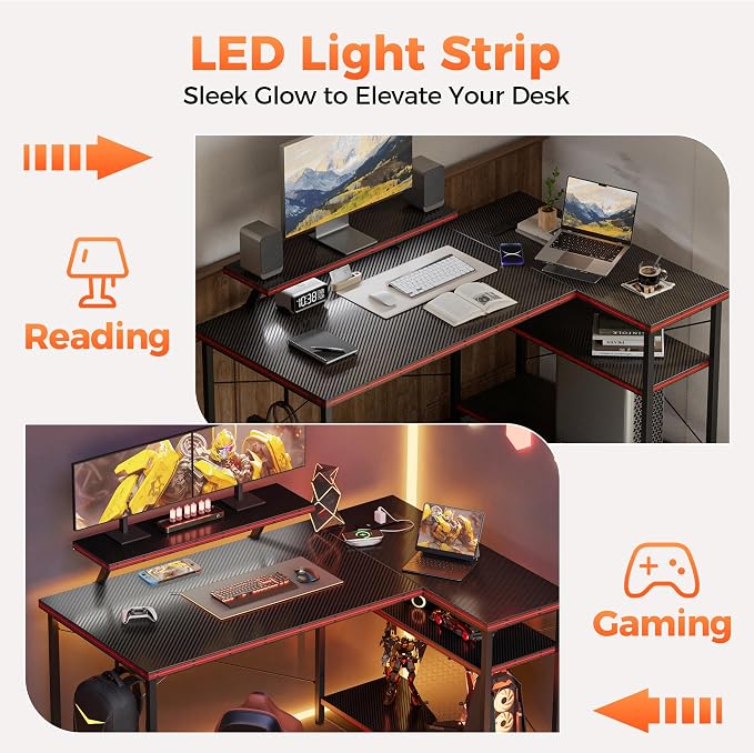 Mericonia 55 in L Shaped Gaming Desk, Large Corner Desk with Monitor Stand | Reversible Computer Desk with Power Outlets, LED Light & Storage Shelves, Office Table for Home Bedroom Study Work Writing - Image 8