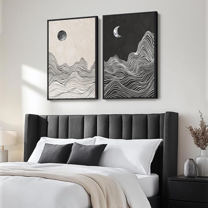 Large Framed Black and White Abstract Wall Art for Living Room, Set of 2 Modern Canvas Prints Paintings Artwork for Walls, Abstract Mountain and Moon Pictures for Bedroom Hallway Wall Decor 24x36 In - Image 2
