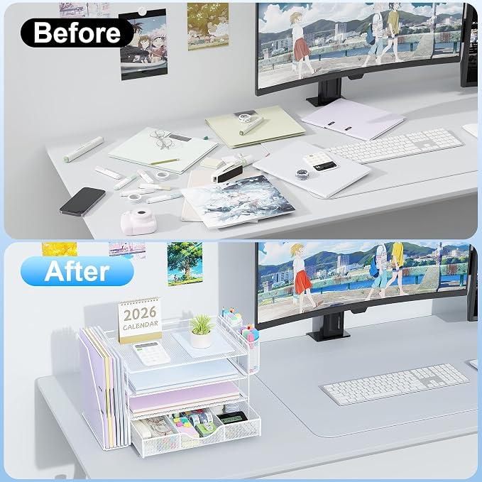 gianotter Desk Organizers and Accessories with File Holder, 4-Tier Desk Accessories & Workspace Organizers with Drawer and 2 Pen Holder, Paper Organizer for Office Supplies (White) - Image 2