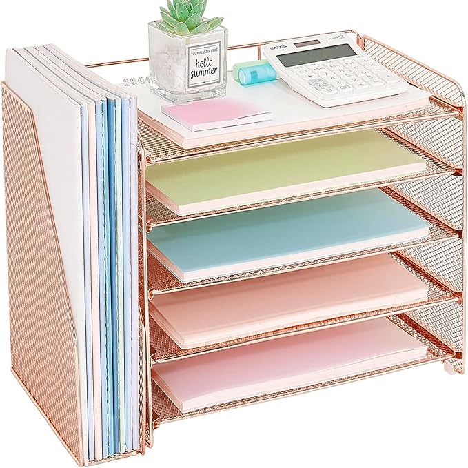OPNICE Desk Organizer, 5-Tier Paper Organizer Letter Tray with Magazine Holder, Office Desk Accessories & Workspace Organizers, Desktop File Organizer for Office Supplies Storage, Rose Gold by OPNICE