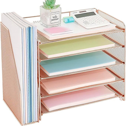 OPNICE Desk Organizer, 5-Tier Paper Organizer Letter Tray with Magazine Holder, Office Desk Accessories & Workspace Organizers, Desktop File Organizer for Office Supplies Storage, Rose Gold by OPNICE