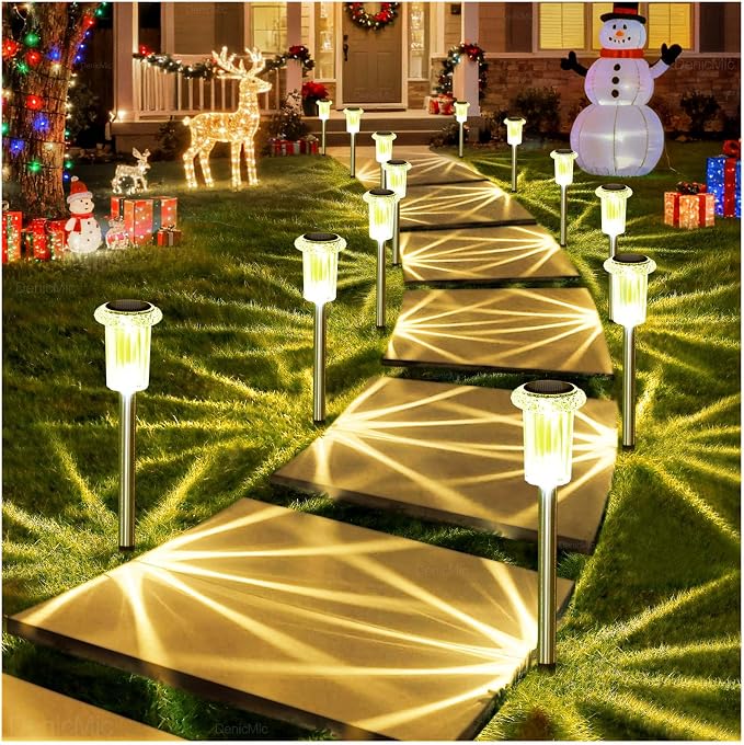 DenicMic 10 Pack Solar Pathway Lights Outdoor Waterproof Warm White LED | Stainless Steel Stake Lights for Garden Patio Backyard Driveway Walkway Lawn Auto On/Off 3000K Diamond-like Acrylic Lens - Image 9