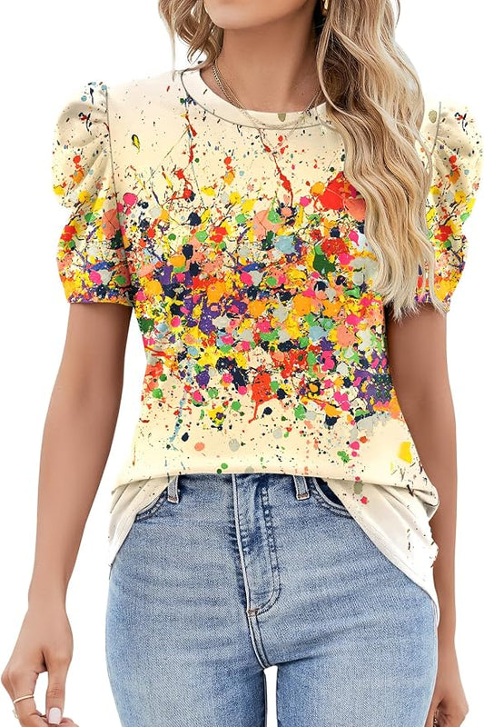 Ivicoer Puff Short Sleeve Shirt for Women Eyelet Tops Summer Crewneck Blouse Loose Fit S-XXL by Ivicoer