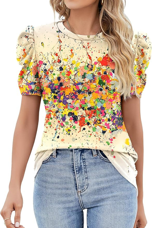 Ivicoer Puff Short Sleeve Shirt for Women Eyelet Tops Summer Crewneck Blouse Loose Fit S-XXL by Ivicoer