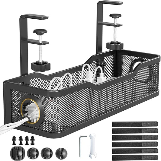 Under Desk Cable Management Tray Black, Cinati Wire Organizers No Drill, Cable Tray with Clamp for Wire Management, Cord Organization Box for Office, Home - No Damage to Desk by Cinati