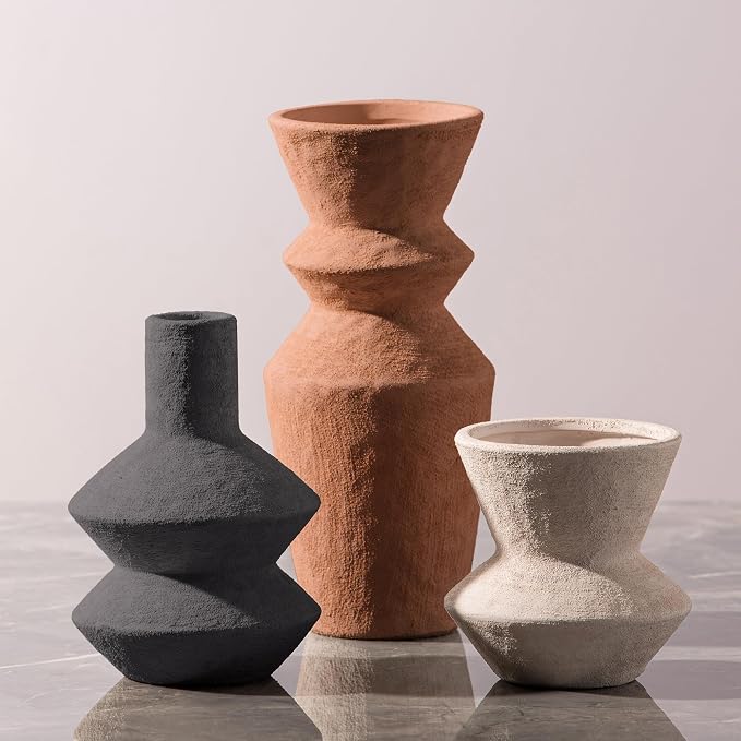 Ceramic Vase Home Table Decor - Flower Vase Set of 3 Living Room Kitchen Decorations Farmhouse Modern Rustic Vases Decorative Centerpiece for Shelf Bedroom Office Bathroom Dining Coffee Desk by VanseliaHome