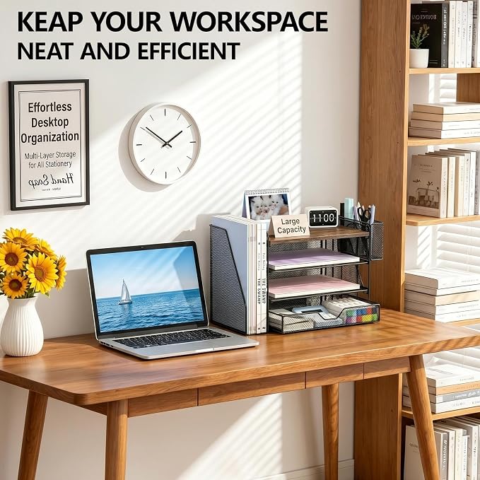 OPNICE Desk Organizers and Accessories, 4-Tier Desktop File Organizer with Drawer and Pen Holders, Office Desk Accessories Workspace Organizers for Office Supplies (Wood) - Image 5