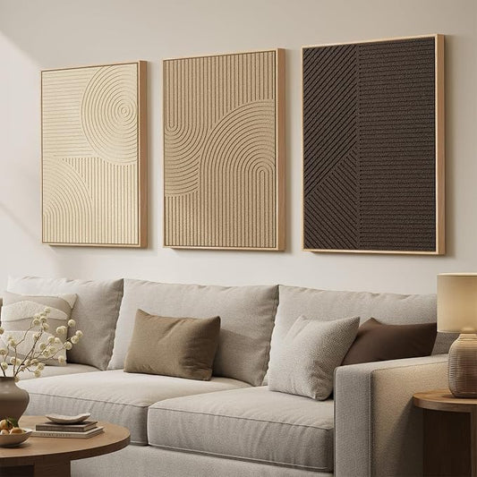 Large 3D Textured Framed Boho Neutral Wall Art for Living Room, 3 Piece Modern Minimalist Texture Paintings Artwork for Walls, Brown Beige Tan Geometric Pictures for Hallway Office Wall Decor 20x30 In by Cuspin