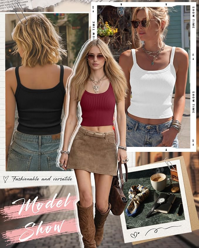 Ficerd 3 Pack Women's Tank Tops 95% Cotton Spaghetti Strap Ribbed Crop Camisole Slim Fitted Basic Summer Sleeveless Layer - Image 3