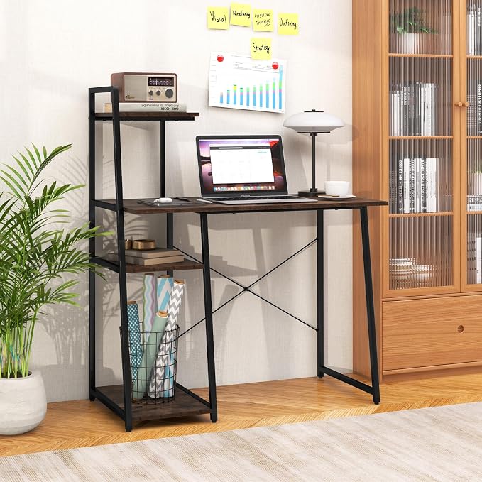 Giantex Computer Desk with Shelves, 47.5” Home Office Desk with Bookshelf, Host Stand, Metal Frame, PC Laptop Workstation, Modern Study Writing Desk for Bedroom, Small Space (Rustic Brown & Black) - Image 8