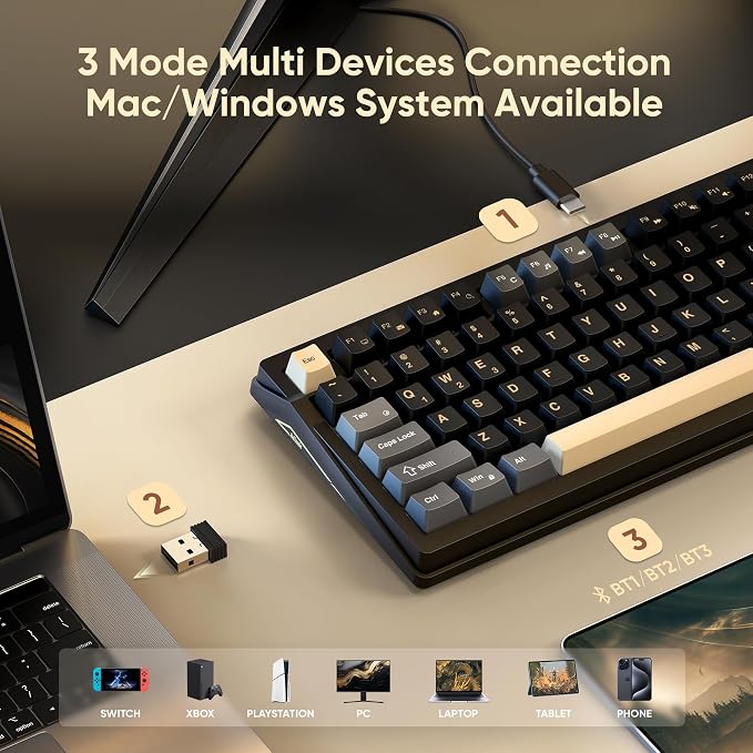 RedThunder K95 Wireless Mechanical Keyboard, TFT Screen & Knob, Tri-Mode BT5.0/2.4GHz/USB-C Hot Swappable Custom, Pre-lubed Linear Pink Switches, Gasket Structure, RGB Gaming Keyboard, Black-Gold - Image 4