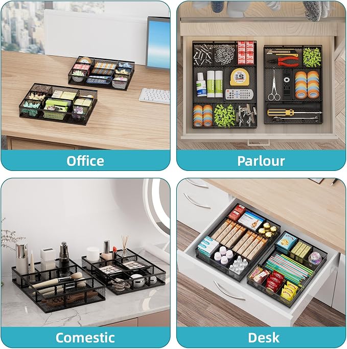 Marbrasse 2 Pack Desk Drawer Organizer, Mesh Drawer Organizer Tray with 8 Adjustable Compartments, Desk Organizers and Accessories, 5 Dividers Drawer for Office Supplies, Makeup & Vanity (Black) - Image 3
