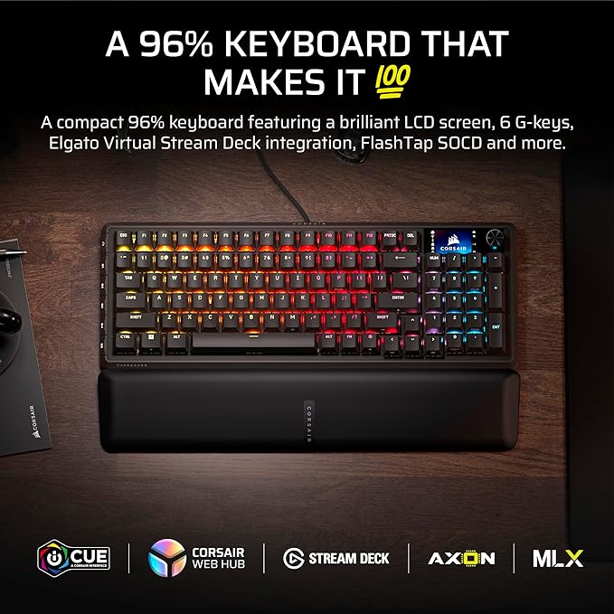 Corsair Vanguard 96 Wired Mechanical Gaming Keyboard – 96% Layout, MLX Fusion Tactile Switches, 8000Hz Polling, LCD Display, Virtual Stream Deck, G-Keys, SOCD Flashtap, QWERTY US – Black - Image 2