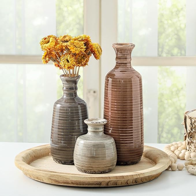 Ceramic Vases Set of 3, Neutral Rustic Farmhouse Vases Home Decor Decorative Flower Vase Modern Boho Pampass Vase for Table Mantel Entryway Shelf Living Room Kitchen Bathroom - Brown - Image 5