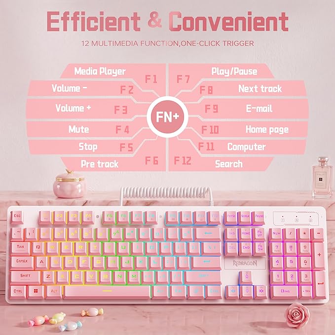 Redragon Updated S107WP Gaming Keyboard and Mouse, RGB Gaming Keyboard and 10000 DPI Mouse Combo with 25-Key Anti-Ghosting, 1K Hz Programmable Mice with Software, Plug & Play to PC, Laptop - Pink - Image 6