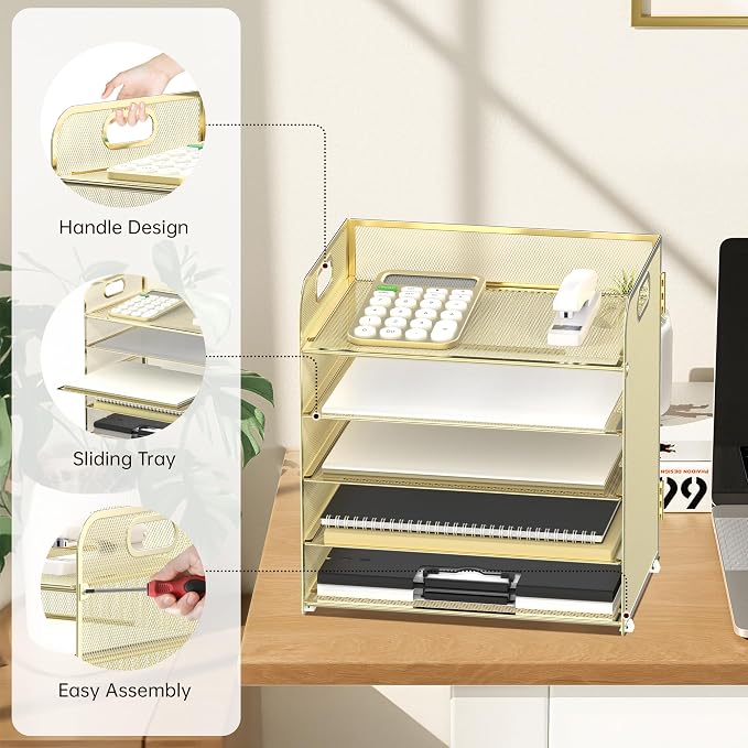 Supeasy 5 Trays Paper Organizer Letter Tray with Handle-Mesh Desk File Organizer, Paper Sorter Desk Organizer for Office, Home or School (Golden) - Image 3