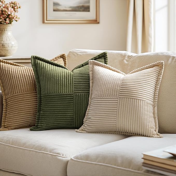 MIULEE Decorative Euro Sham Throw Pillow Covers for Couch Bed Livingroom 24x24 Inch Set of 2 Beige Boho Accent Throw Pllows Broadside Striped Patchwork Soft Corduroy Pillowcases - Image 7