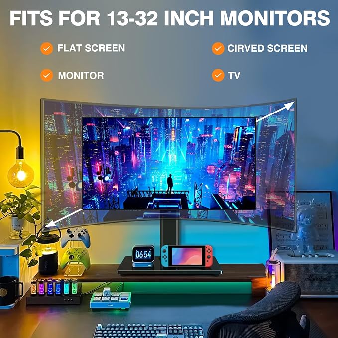 TAVR Furniture Single Monitor Stand VESA Mount for 13-32 Inch Screens | Free-Standing Monitor Riser with Swivel Tilt Rotation Height Adjustable, Universal Desk Stand up to 44lbs, Black - Image 7