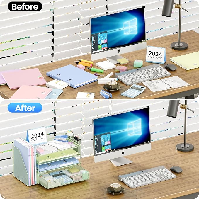 OPNICE Desk Organizer, 4-Tier Desktop File Organizer with Drawer and Pen Holders, Office Desk Accessories, File Sorters, Workspace Organizers for Office Supplies(Green) - Image 5