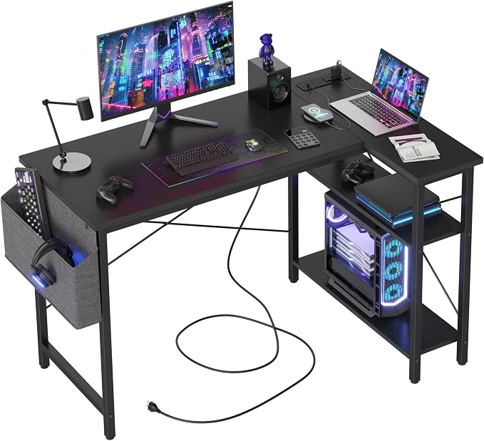 TIQLAB L Shaped Computer Desk with Power Outlets, 47 Inch Small Corner Desk with Reversible Shelves, Gaming Desk Computer Table Study Writing Table for Home Office Bedroom Small Space, Black by TIQLAB