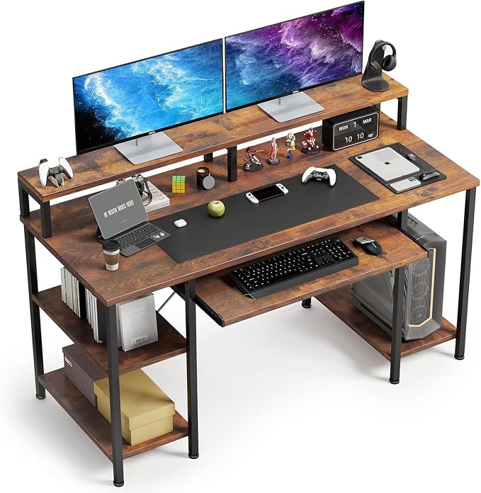 VERMESS 48Inch Computer Desk, Home Office Desks with Keyboard Tray, Gaming Desk with CPU Stand Shelf,Industrial Study Table Wide Writing Desk with Storage Shelves for 2 Monitors, Rustic Brown by VERMESS