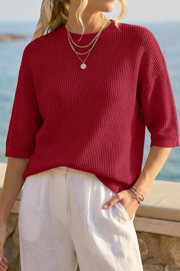 Arach&Cloz Womens Summer 100% Cotton Oversized Crochet Tops 3/4 Length Sleeve Sweater Hollow Out Casual Blouses 2026 - Image 2