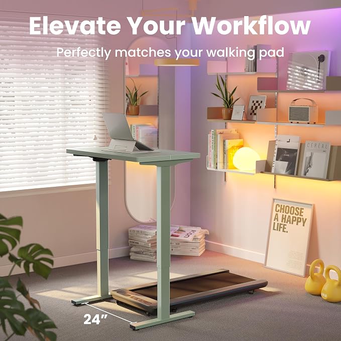 HUANUO 32x19 Inch Small Electric Standing Desk, Adjustable, Sage Green | Compact Home Office Desk, 176lbs heavy duty lifting with 4 height presets. M8 screw holes ready for DIY mobile wheels - Image 8