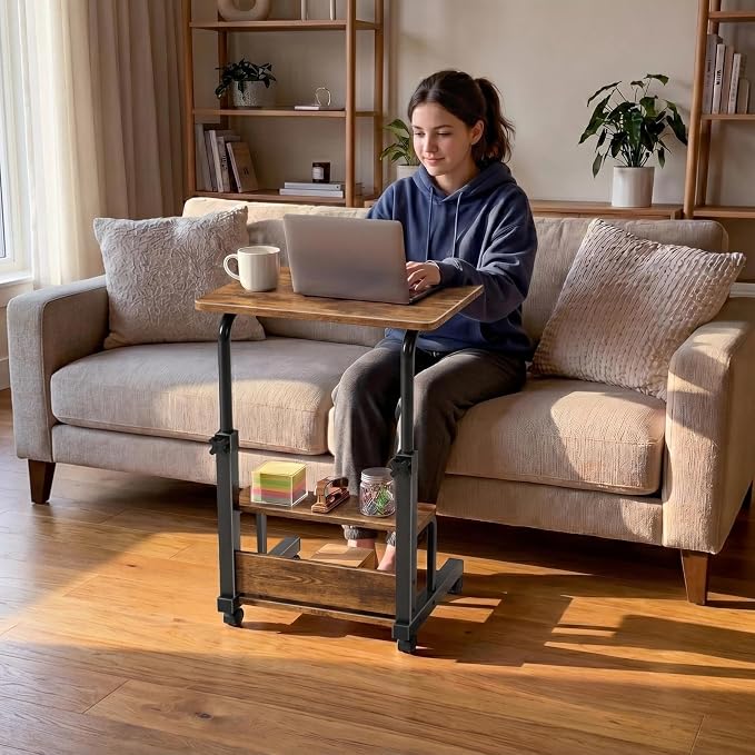 WINAZ C Shaped Rolling Laptop Desk - 24" Rustic Brown Mobile Desk with Wheels for Small Spaces, Height Adjustable Overbed Table with 2-Tier Storage Shelves - Image 2