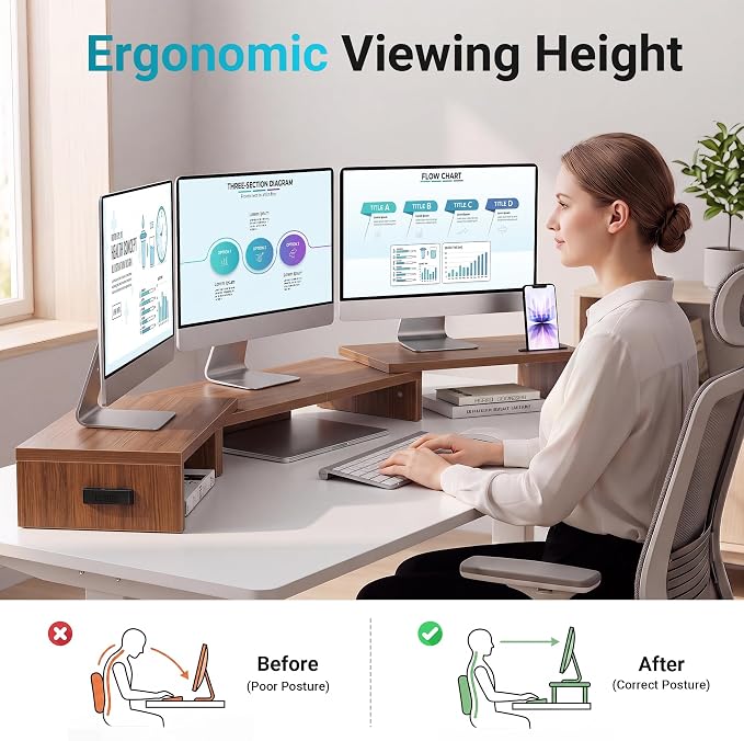 BONTEC Triple Monitor Stand Riser with Smartphone Holder, Walnut | Adjustable Length & Swivel Angle, Ergonomic Wooden Desktop Organizer for PC Monitor, Laptop, Printer, Large Storage, 53.3 in - Image 2