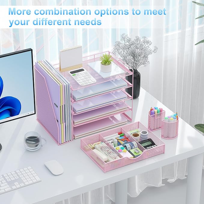 gianotter 5-Tier Desk Organizer with Drawers and File Holders | Letter Trays and Pen Holders - Workspace Accessories for Office Supplies (Pink) - Image 4