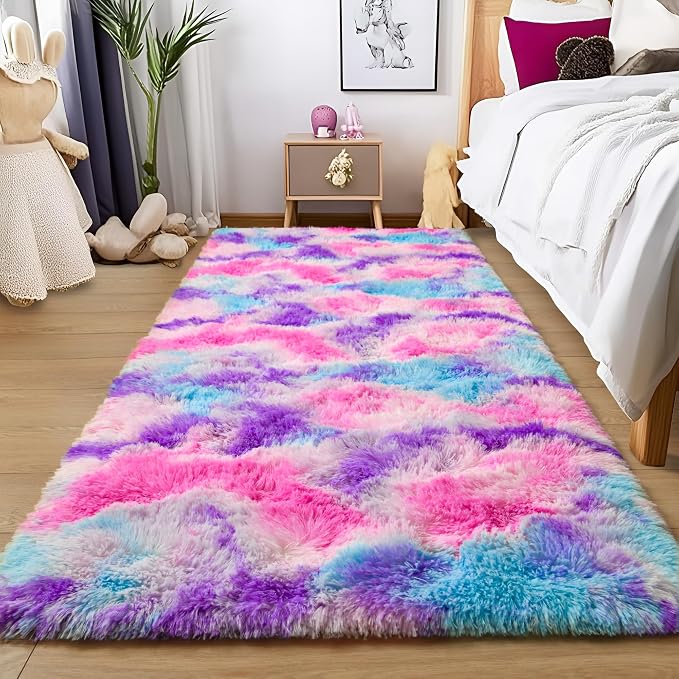Tepook Soft Rainbow Rug for Girls Room, Cute Fluffy Girls Bedroom Rugs, 2x6 Feet Shaggy Princess Rug Colorful Carpet for Kids Teens Toddler Playroom Nursery Reading Nook, Hot Pink - Image 3