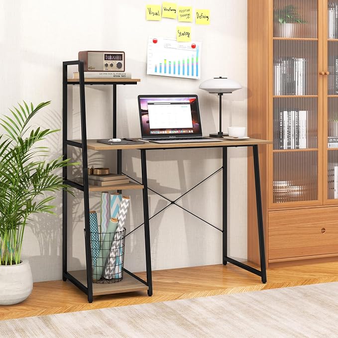 Giantex Computer Desk with Shelves, 47.5” Home Office Desk with Bookshelf, Host Stand, Metal Frame, PC Laptop Workstation, Modern Study Writing Desk for Bedroom, Small Space (Natural & Black) - Image 9