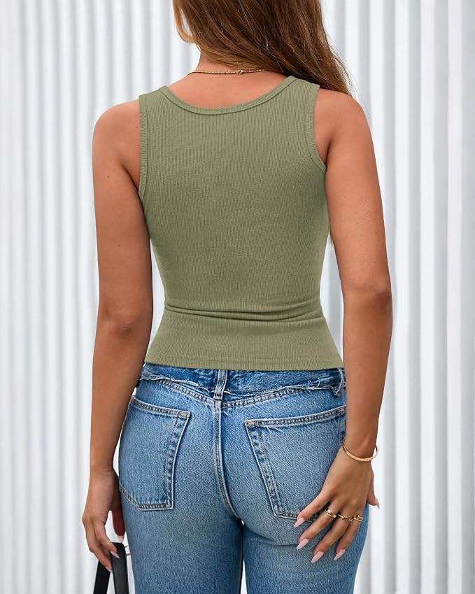 BTFBM Summer Tops for Women 2026 Scoop Neck Ribbed Henley Button Sleeveless Casual Spring Basic Tank Top Clothes Outfits - Image 3