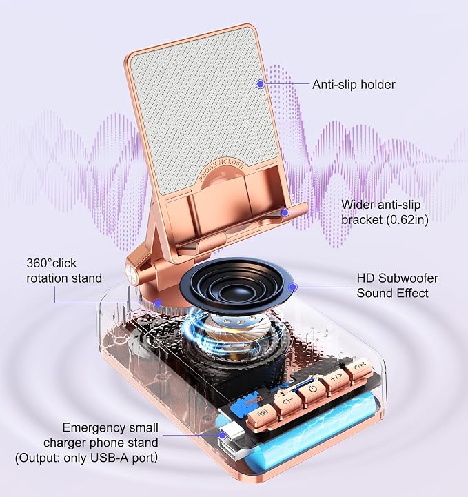 Gifts for Women Girls, Bluetooth Speaker Phone Stand with Charging Function 360° Rotable Adjustable Cell Phone Holder with HD Surround Sound for Desk Fits All Phones,Tablet (Rose Gold) - Image 3