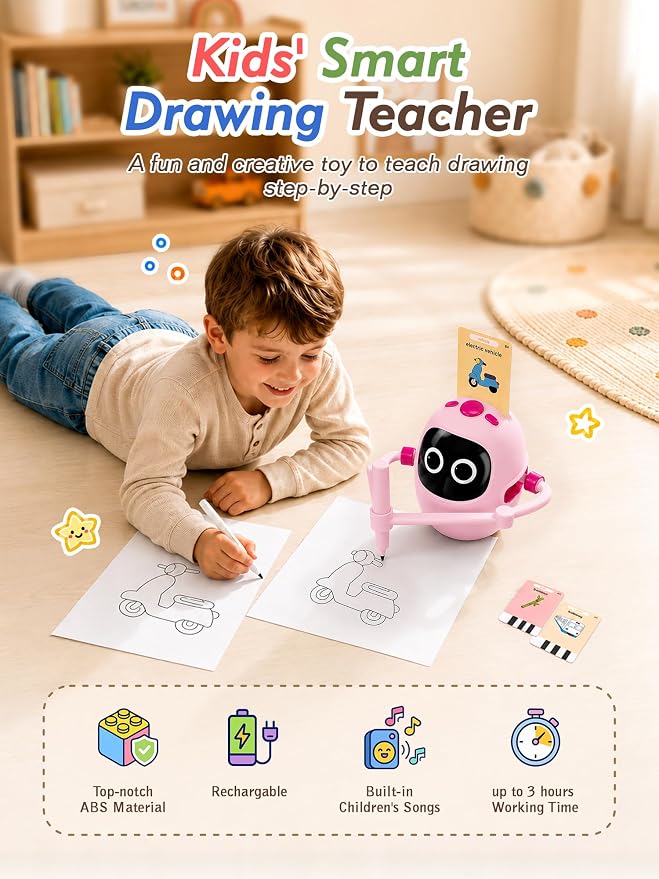Drawing Robot Toys for Kids, 220 Flash Cards Gift for 3-8 Years Old Boys Girls, Montessori Doodle Art Painting with Voice Interactive for Beginners, Birthday (Pink) - Image 2