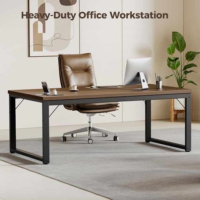 Mericonia 54 Inch Computer Desk with Power Outlets, 1.2" Thick Office Table | Modern Simple Style, Heavy Duty Industrial Frame, Study & Writing Table for Home Bedroom Work, Walnut - Image 3