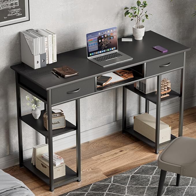 DUMOS 48-Inch Computer Desk with Drawers, Hook and Side Bag, Black | Home Office Desk for Bedroom, Gaming Writing Study Desk with Adjustable Feet - Image 7