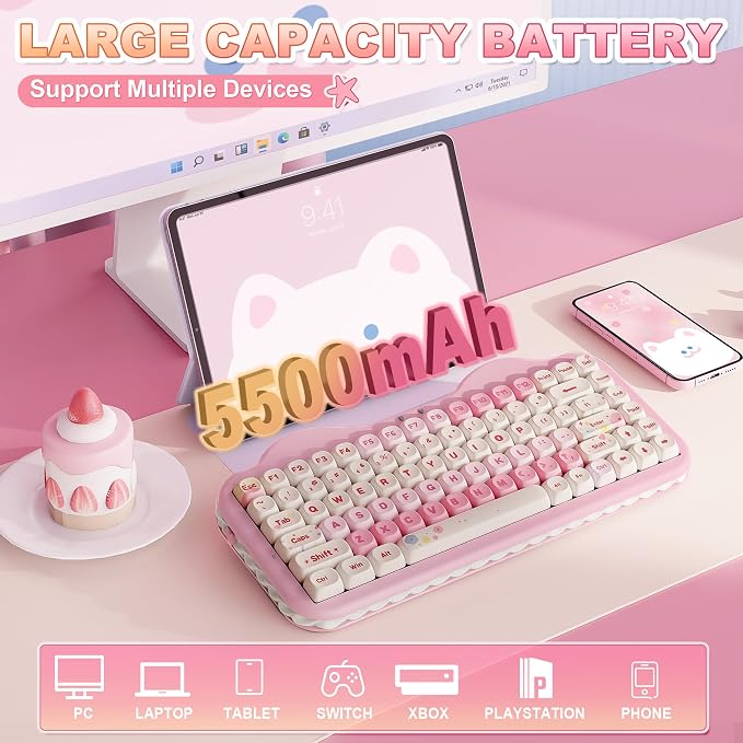 YUNZII C75 Cute 75% Wireless Mechanical Keyboard (Pink, Candy Switch) | Creamy Cake Keyboard, BT5.0/2.4G/USB-C, Hot-Swap, NKRO, PBT MOA Keycaps,5500mAh RGB Gasket Mount for Mac/Win/Gaming/Office - Image 4