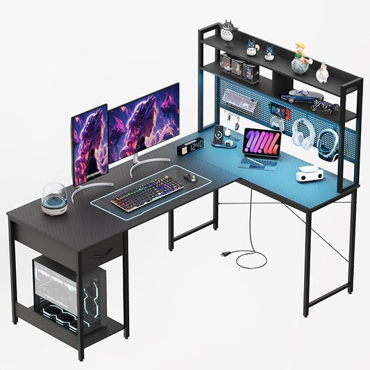 Apicizon L Shaped Gaming Desk 53" with Hutch, LED Light and Drawer | Carbon Fiber Surface, Storage Shelves, Pegboard with Hooks, PC Tower Stand, USB Charging Port, Home Office, Bedroom by APICIZON
